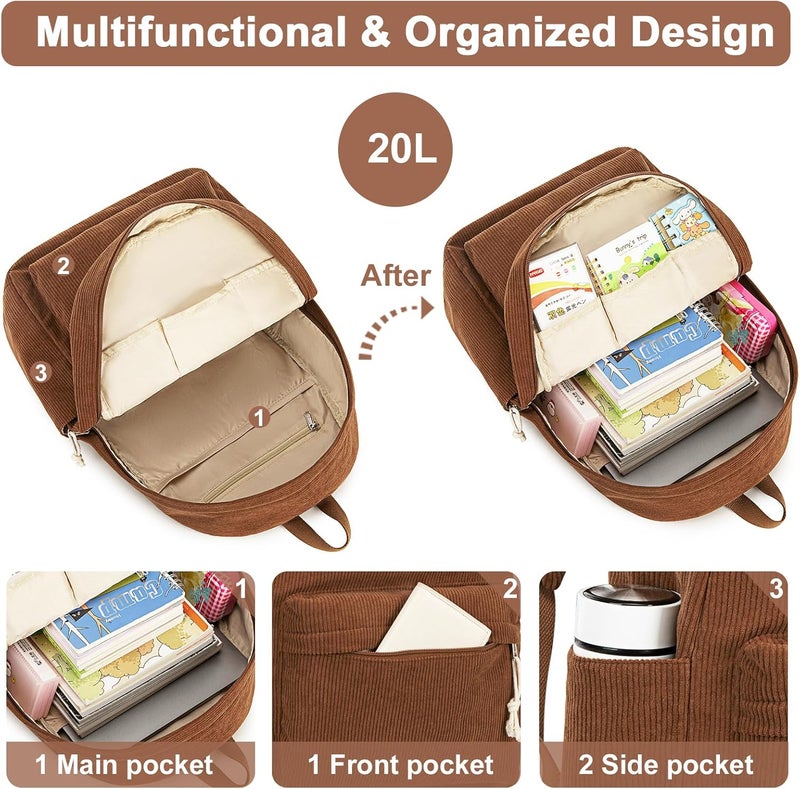 BTOOP School Backpack for Teens Large Corduroy Bookbag Lightweight 15.6 inch Laptop Bag for Girls Women Casual High School College - Image 3